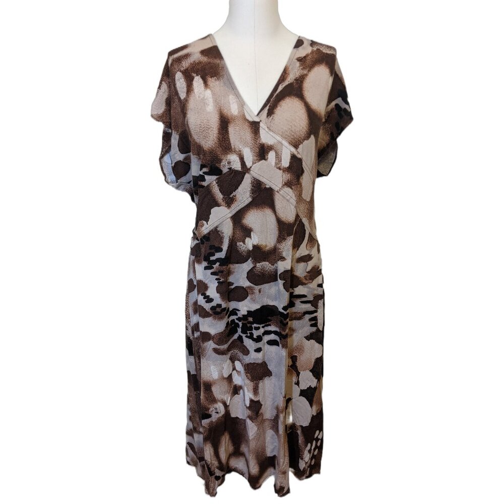 Olsen Germany Womens Maxi Dress Brown Abstract Pattern V Neck T Shirt Office XL